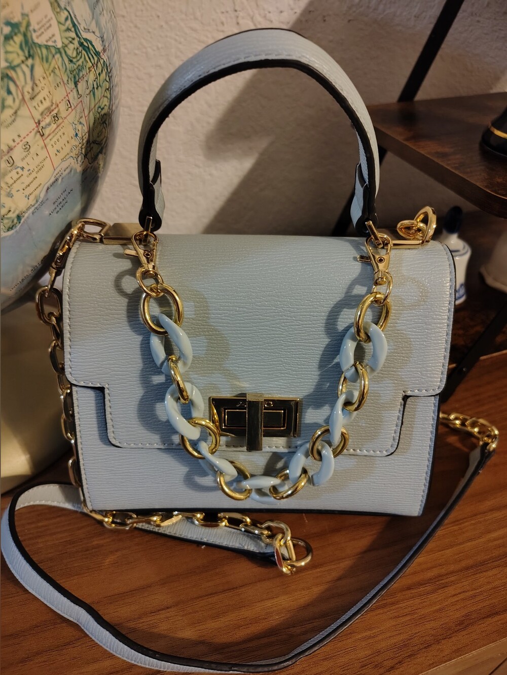 Structured Mini Aldo Top-Handle Satchel in Pale Blue with Gold Hardware